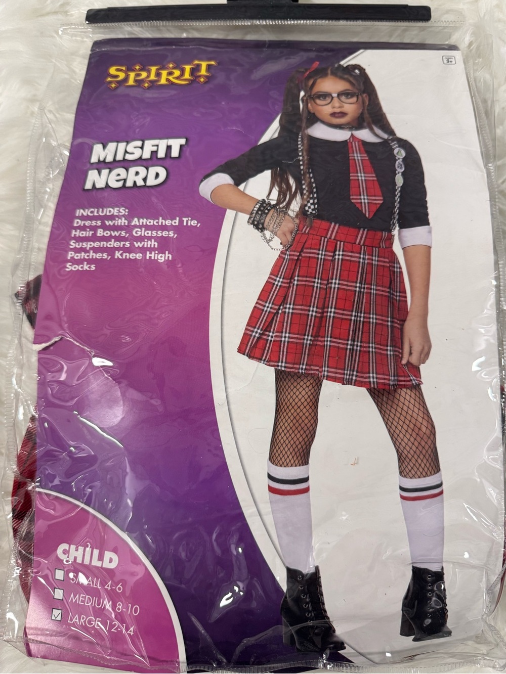 Spirit Misfit Nerd costume Kids Red Plaid dress glasses suspenders L 12-14